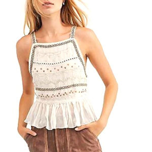 Free People Camille Embellished Peplum Top Womens Small Ivory Sleeveless Cami